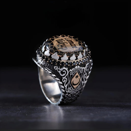 Oval Green Amber Name Ring 925 Silver Personalized Handmade