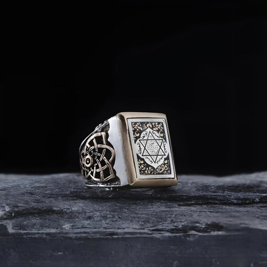 Solomon's Seal Talisman Ring 925 Sterling Silver Black Zircon Hand-Oxidized Handcrafted