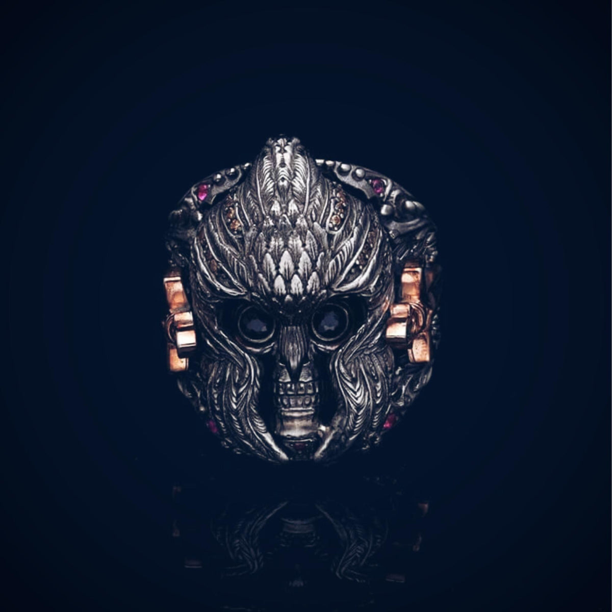Warrior knight skull ring with colored zircon – view 2