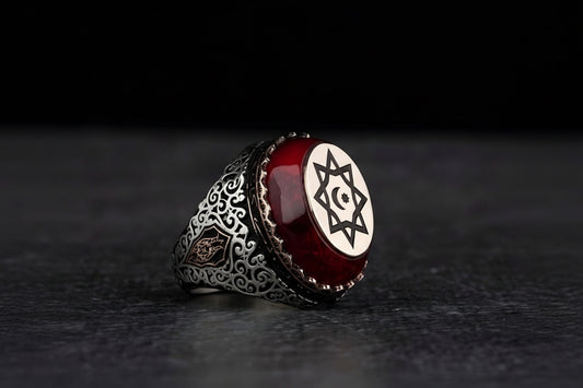 Ottoman Red Amber Ring 925 Silver Caliphate Moon Star Men