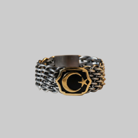 Moon Star Ring 925 Silver Knitted Texture Handmade