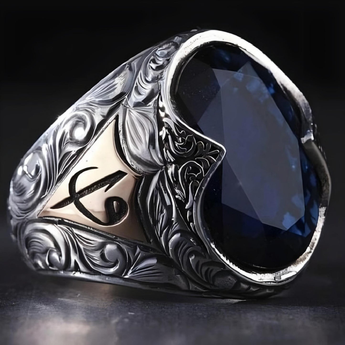 Black Stone Mens Ring 925 Silver Ravur Texture Customizable