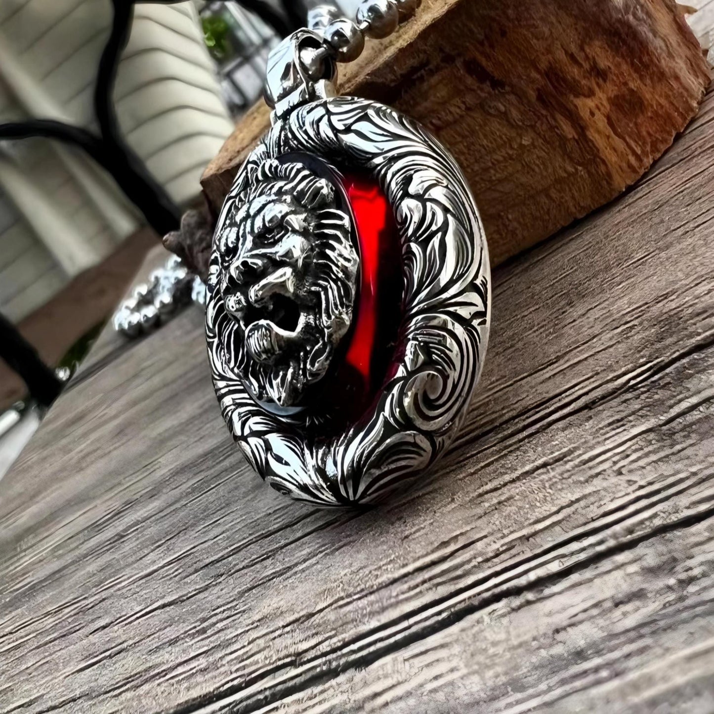 3D Lion Silver Necklace with Red Fire Amber Stone Handmade Gift