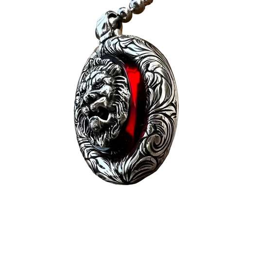 3D lion head necklace with red fire amber stone in 925 sterling silver