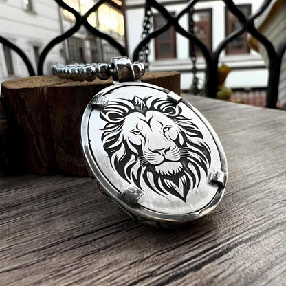 3D Lion Silver Necklace with Red Fire Amber Stone Handmade Gift