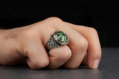 Green Amber Seljuk Ring 925 Silver Islamic Geometry Handmade