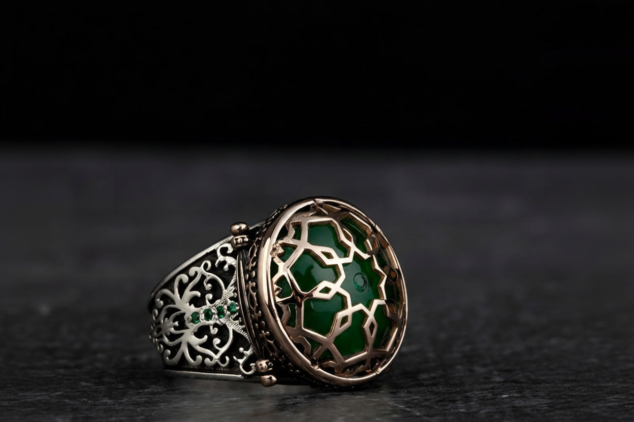 Green Amber Seljuk Ring 925 Silver Islamic Geometry Handmade