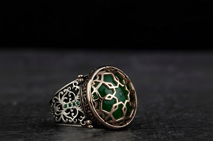 Green Amber Seljuk Ring 925 Silver Islamic Geometry Handmade