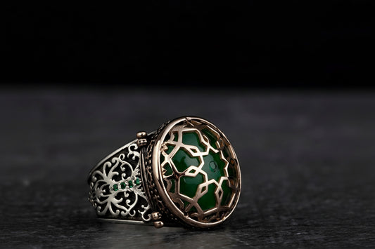 Green Amber Seljuk Ring Handmade 925 Sterling Silver Men
