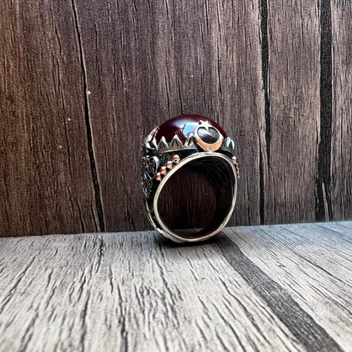 Crescent moon red stone ring – view 3