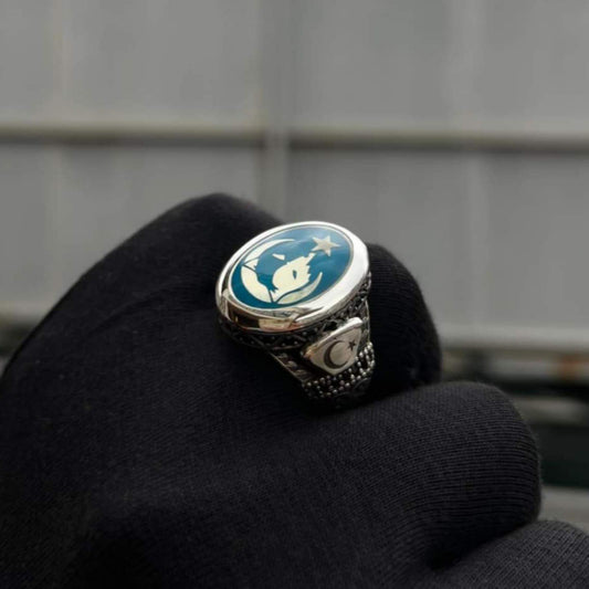 Turquoise Ring 925 Silver Black Zircon Crescent Star