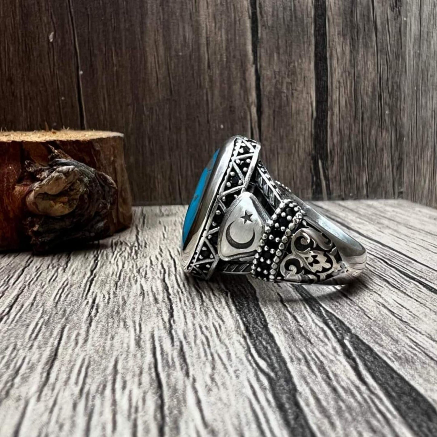 Türkis- und Zirkonia-Ring aus türkischem Silber, handgefertigt, Herrengeschenk, Vatertagsgeschenk