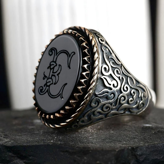 Sterling Silver Initial Ring with Engraved Black Agate