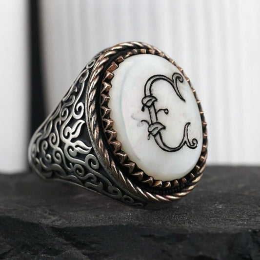 Personalized Initial C Mother of Pearl Silver Ring