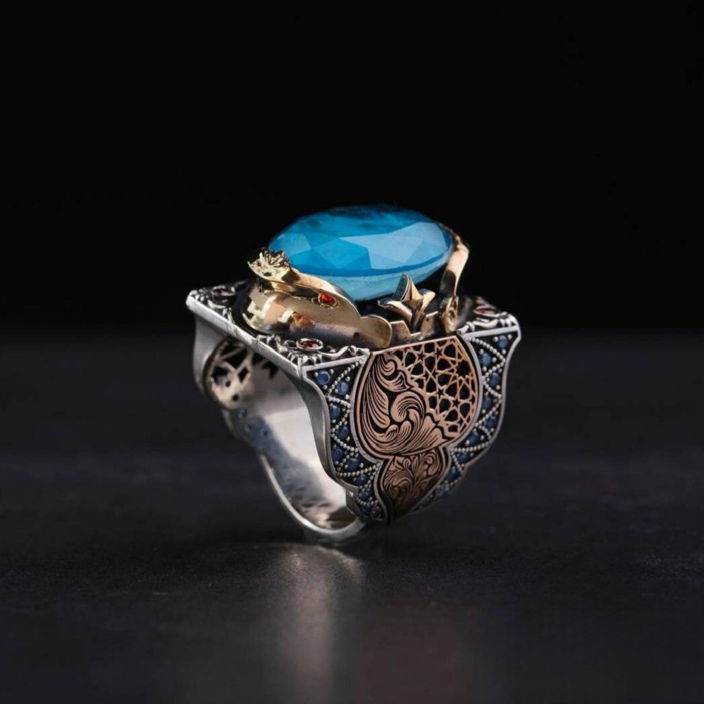 Blue Paraiba Stone Ring 925 Silver Dark Zircon Unisex Handmade