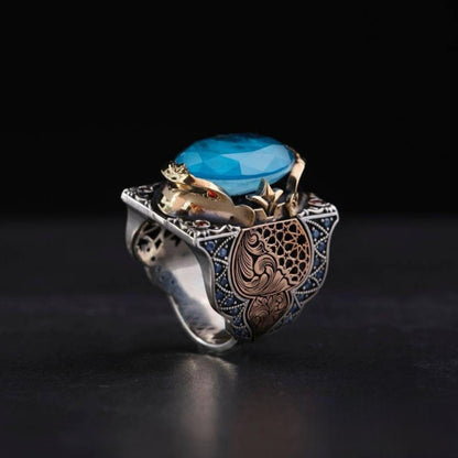 Blue Paraiba Stone Ring 925 Silver Dark Zircon Unisex Handmade