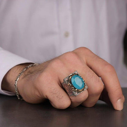 Blue Paraiba Stone Ring 925 Silver Dark Zircon Unisex Handmade