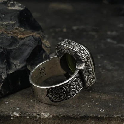 Green Amber Zulfiqar Ring – Adjustable Spiritual Jewelry | 925 Silver