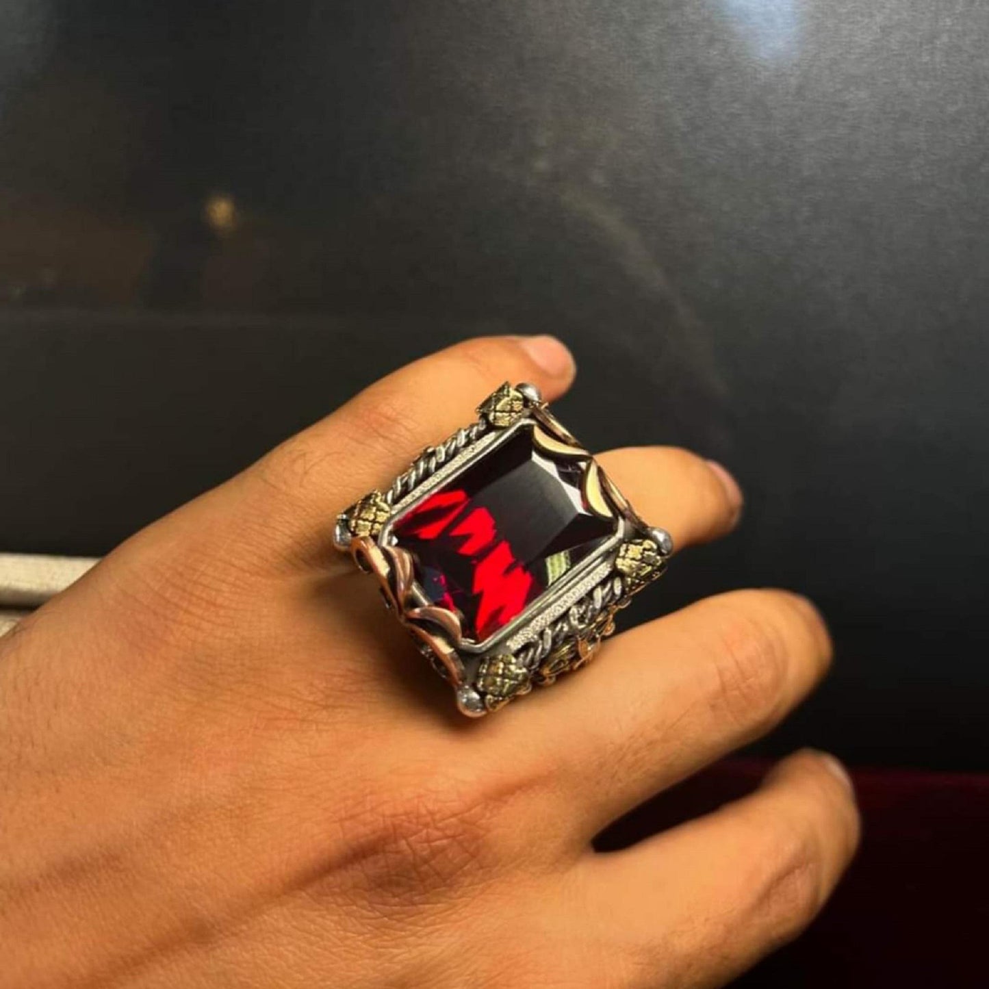 Lily Sword Ring 925 Silver Red Zircon Adjustable Handmade Men