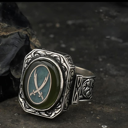 Green Amber Zulfiqar Ring – Adjustable Spiritual Jewelry | 925 Silver