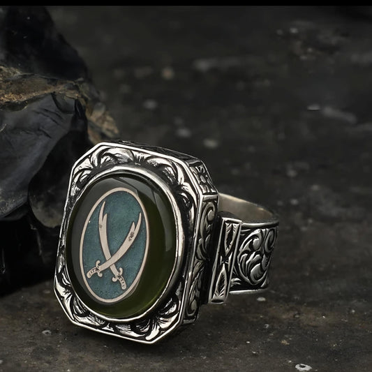 Green Amber Zulfiqar Ring – Adjustable Spiritual Jewelry | 925 Silver