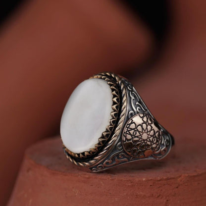 White Mother of Pearl Ring 925 Sterling Silver Engraved