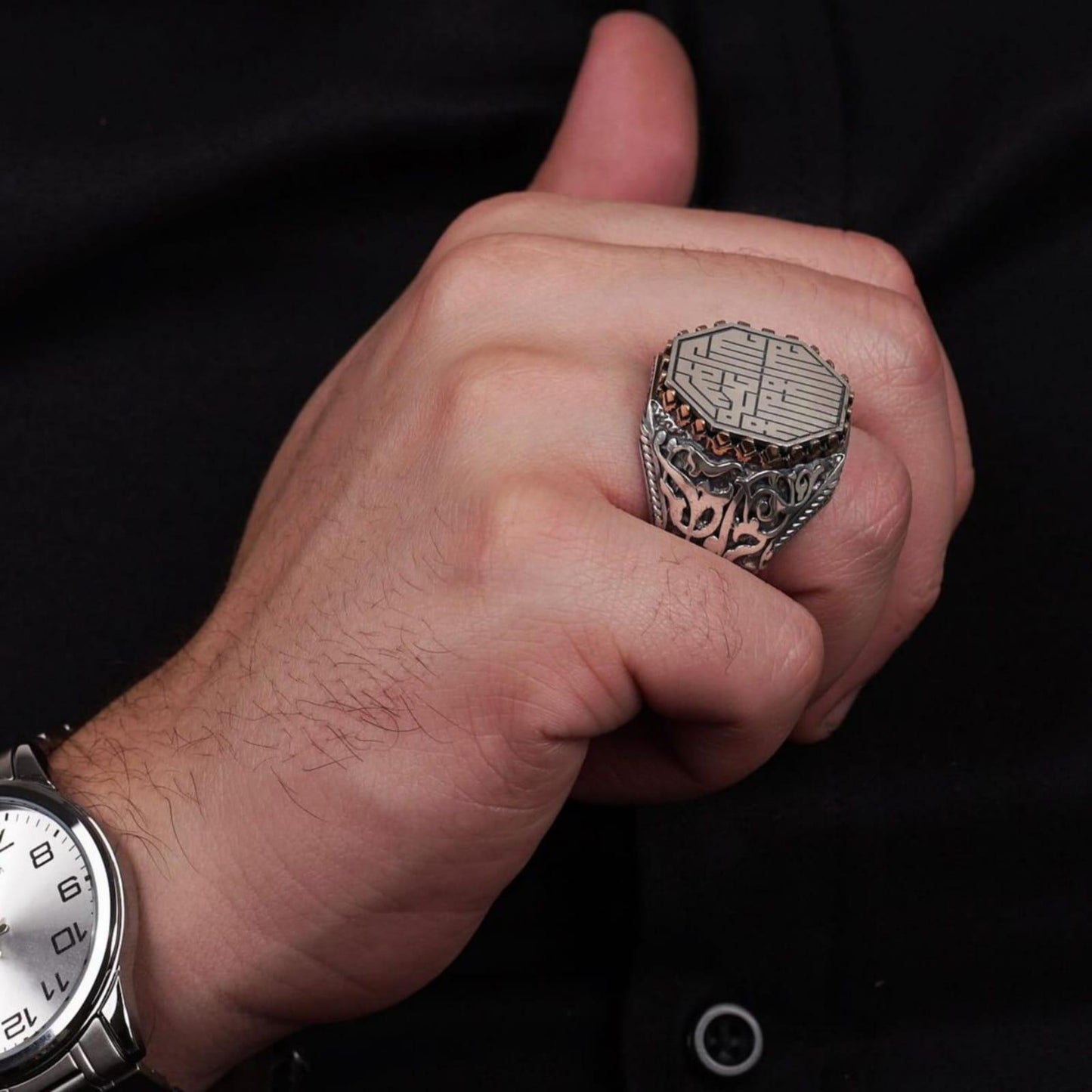 Tawhid Kufic Calligraphy Ring 925 Sterling Silver Ivy Pattern Handcrafted