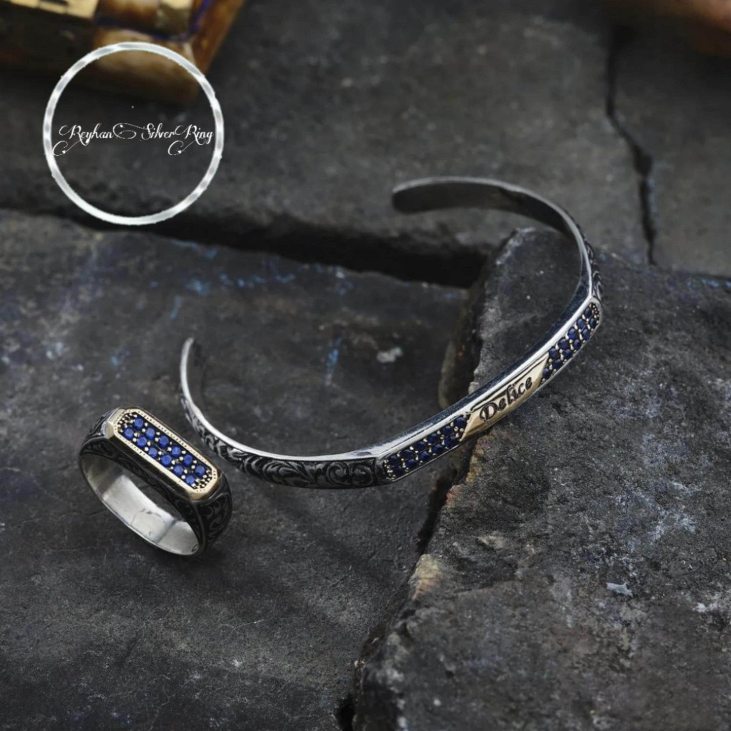 Individuelles Armband- und Ring-Set aus Silber – personalisiertes Manschetten-Set – blauer Zirkonia