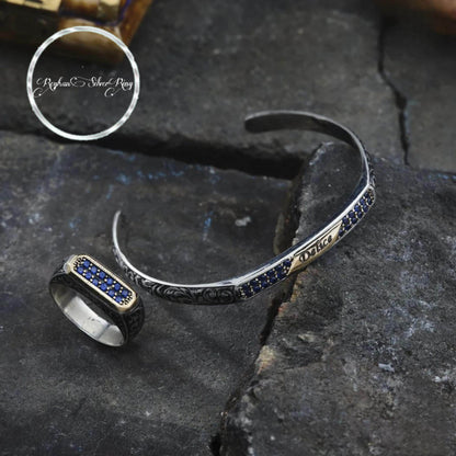 Individuelles Armband- und Ring-Set aus Silber – personalisiertes Manschetten-Set – blauer Zirkonia