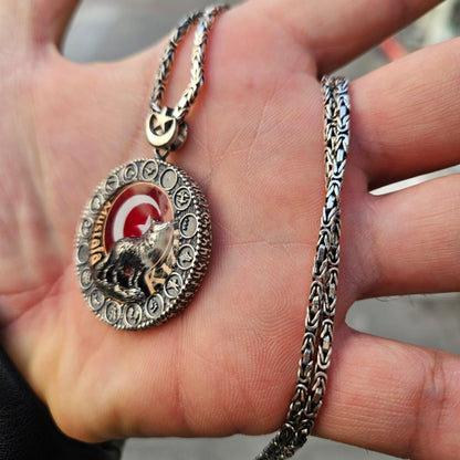 Wolf Crescent Moon Star Medallion Necklace – Personalized 925 Sterling Silver