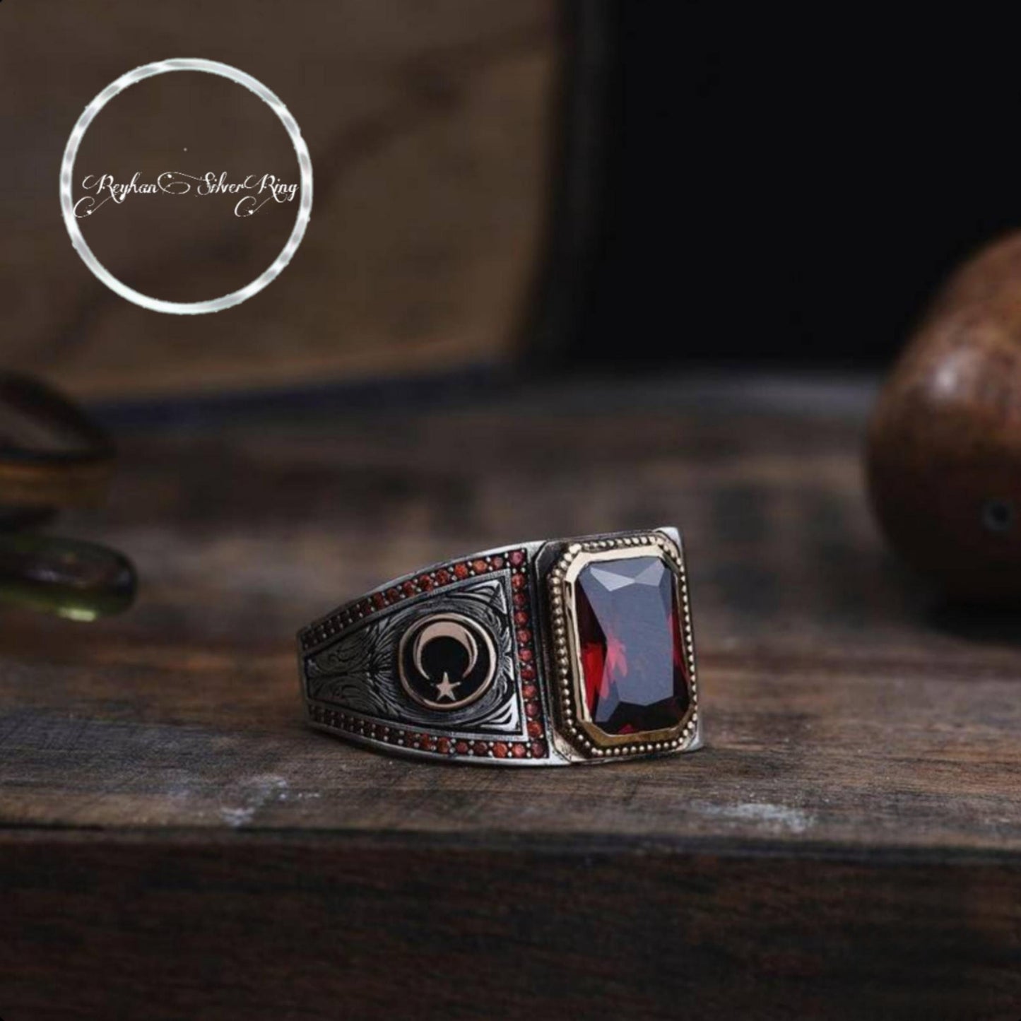 Crescent Moon Star Garnet 925 Sterling Silver Ring Engraved OttomanMen's