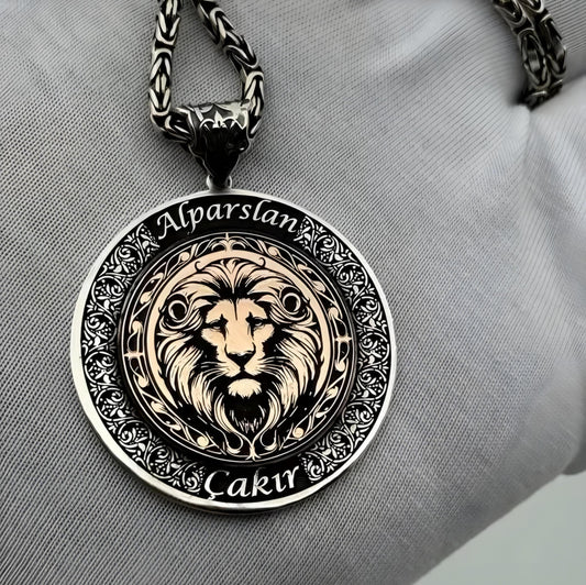 Bozkurt Wolf Lion Medallion Necklace 925 Silver Custom Name