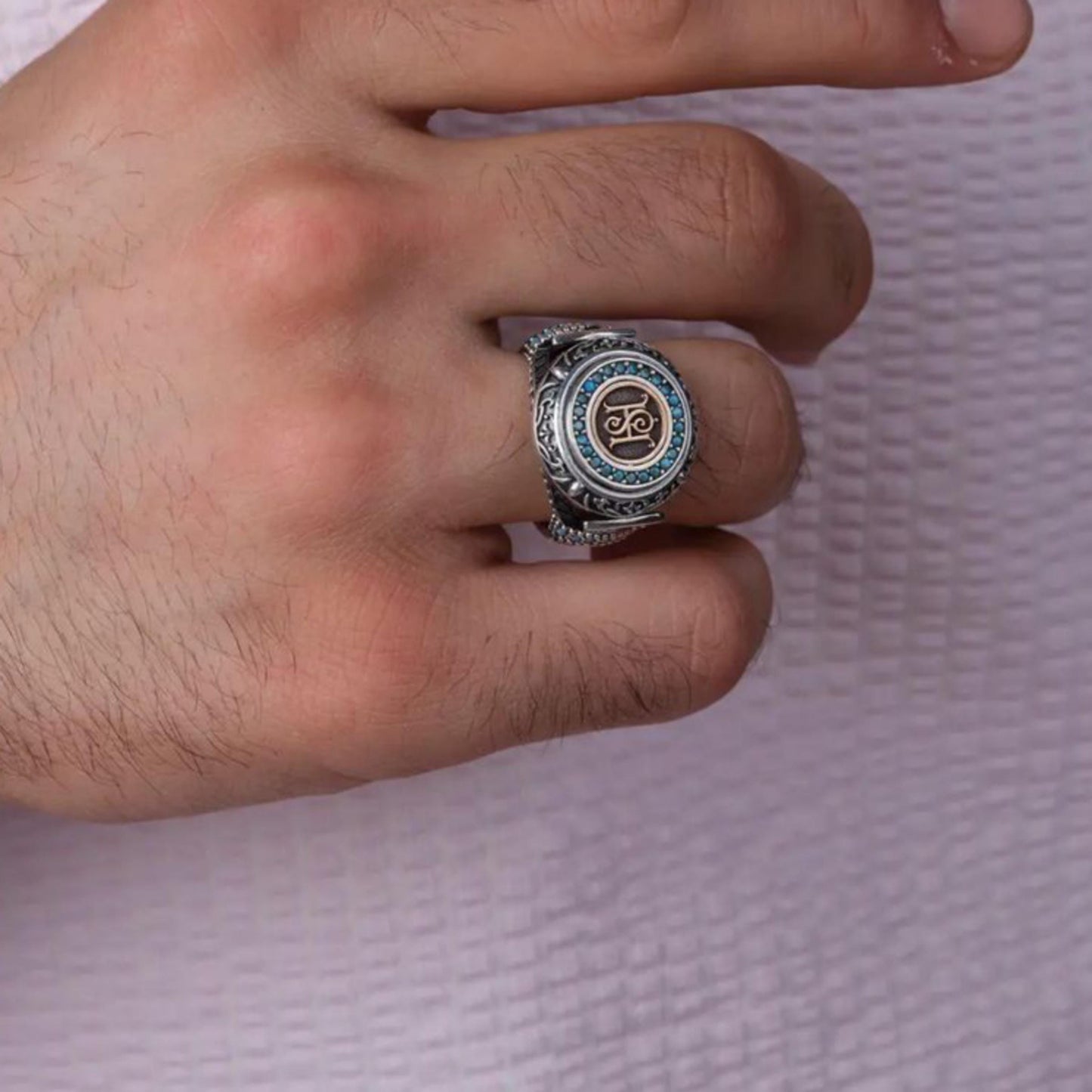 Initial Letter Ring 925 Silver Turquoise Personalized Handmade