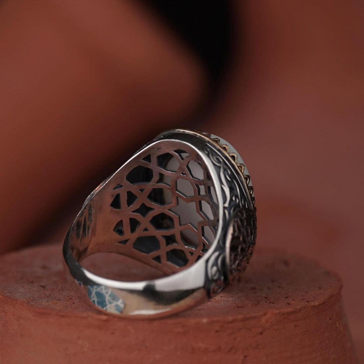 White Mother of Pearl Ring 925 Sterling Silver Engraved Men Handcrafted