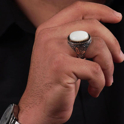 White Mother of Pearl Ring 925 Sterling Silver Engraved