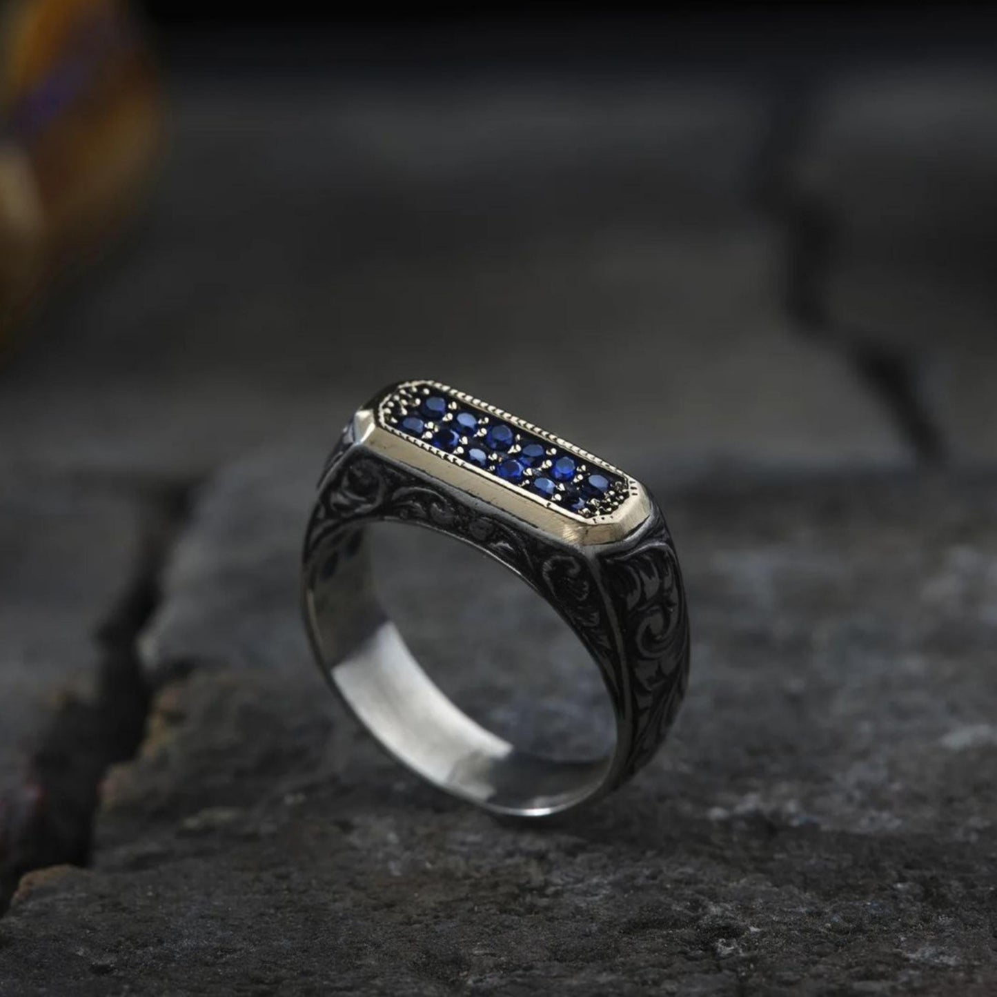 Individuelles Armband- und Ring-Set aus Silber – personalisiertes Manschetten-Set – blauer Zirkonia