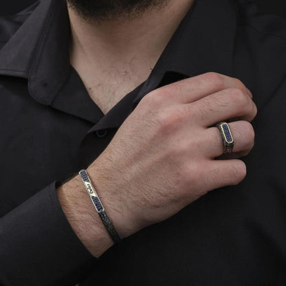 Individuelles Armband- und Ring-Set aus Silber – personalisiertes Manschetten-Set – blauer Zirkonia