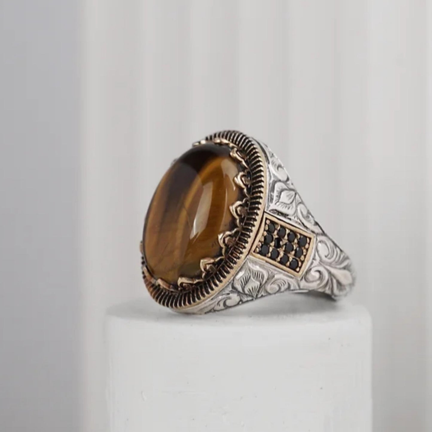 Tiger Eye Ring – Black Zircon & Engraved 925 Silver | Men's Ring