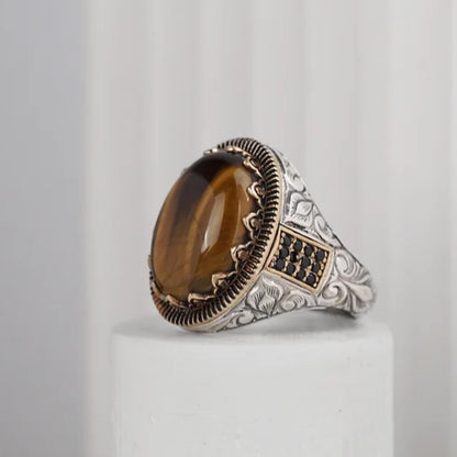 Tiger Eye Ring – Black Zircon & Engraved 925 Silver | Men's Ring