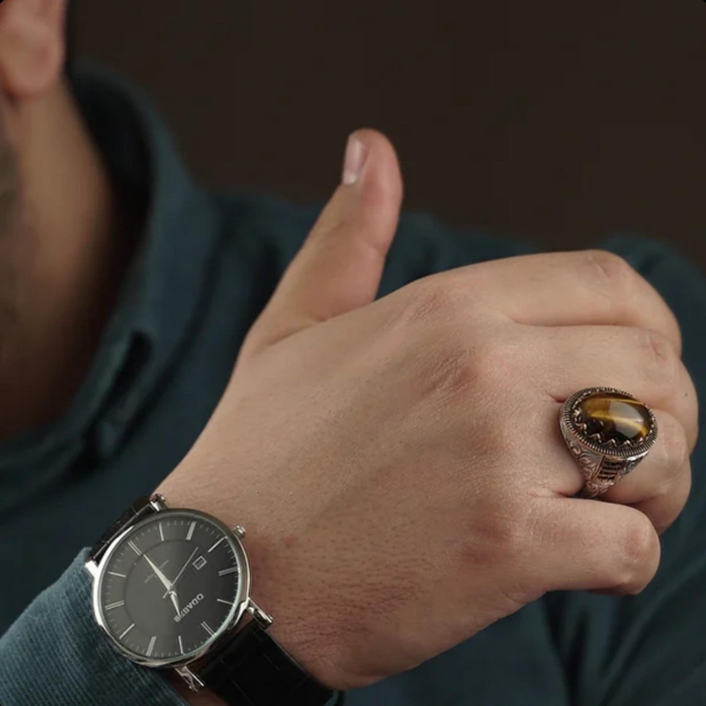 Tiger Eye Ring – Black Zircon & Engraved 925 Silver | Men's Ring