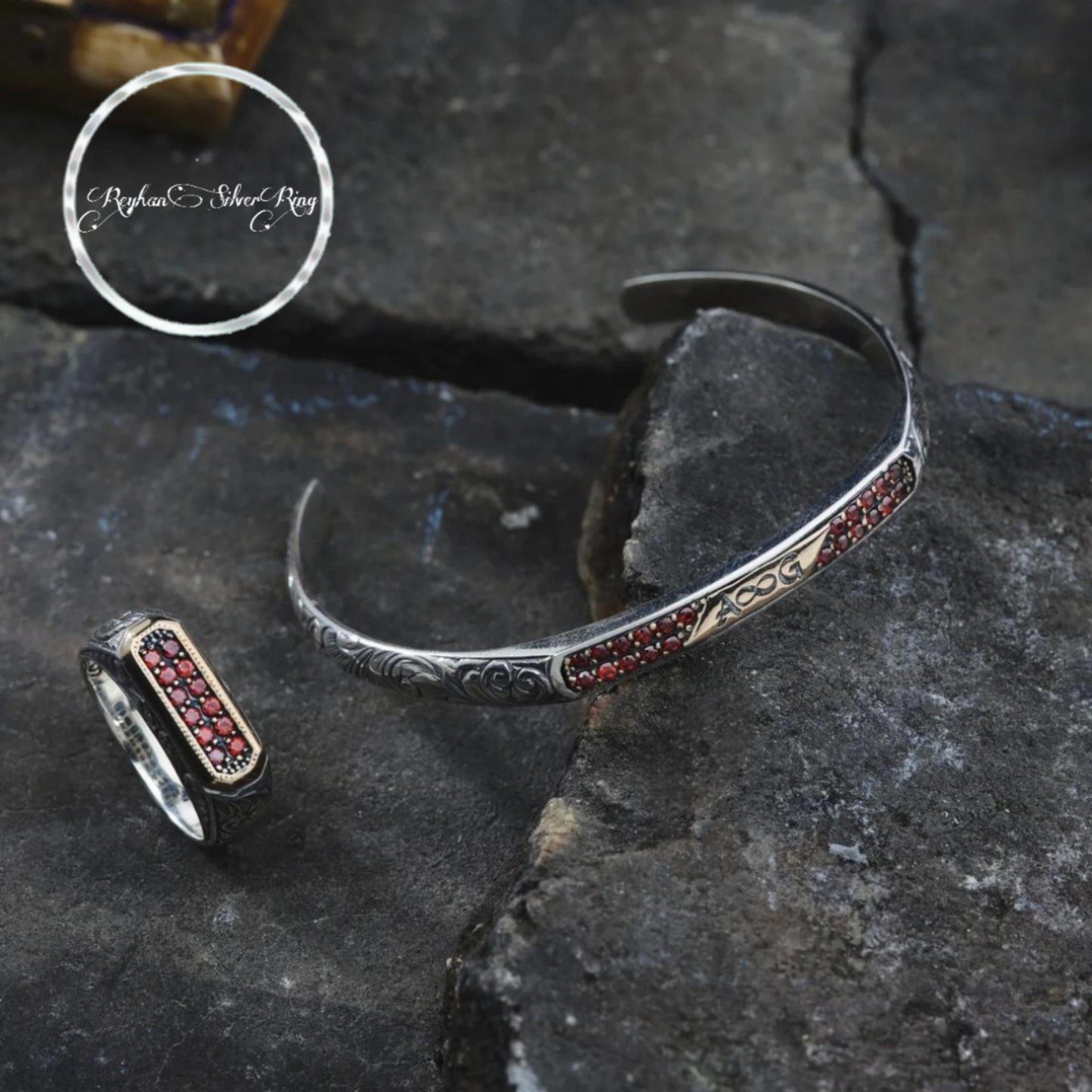 Personalized Silver Bracelet & Ring Set 925 Sterling Silver Blue Zircon Custom Name Engraving