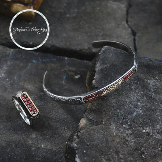 Personalized Silver Bracelet & Ring Set 925 Sterling Silver Blue Zircon Custom Name Engraving