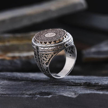 Ayatul Kursi 925 Sterling Silver Ring OttomanMotif Gemstone Inlay Islamic Men's