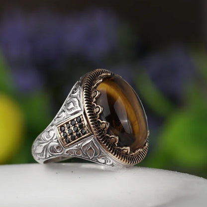 Tiger Eye Ring – Black Zircon & Engraved 925 Silver | Men's Ring