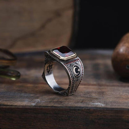 Crescent Moon Star Garnet 925 Sterling Silver Ring Engraved OttomanMen's