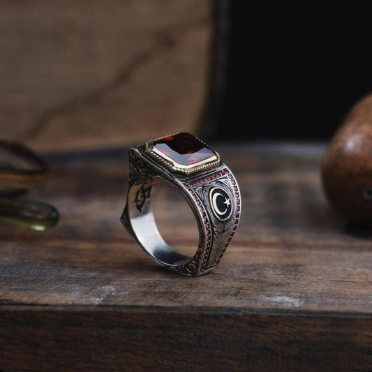 Crescent Moon Star Garnet 925 Sterling Silver Ring Engraved OttomanMen's