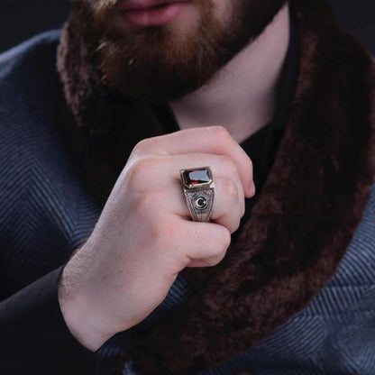 Crescent Moon Star Garnet 925 Sterling Silver Ring Engraved OttomanMen's
