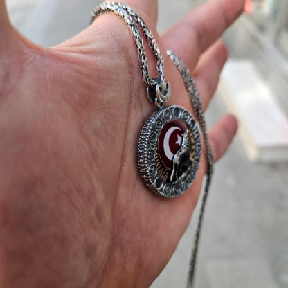 Wolf Crescent Moon Star Medallion Necklace – Personalized 925 Sterling Silver