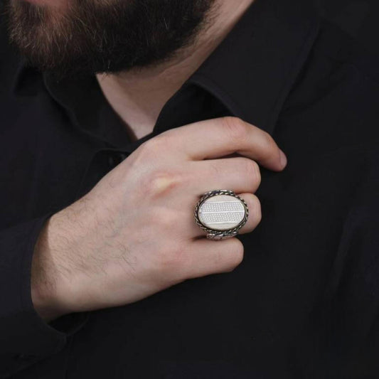 White Pearl Ring – Arabic Elif & Vav Calligraphy | 925 Silver
