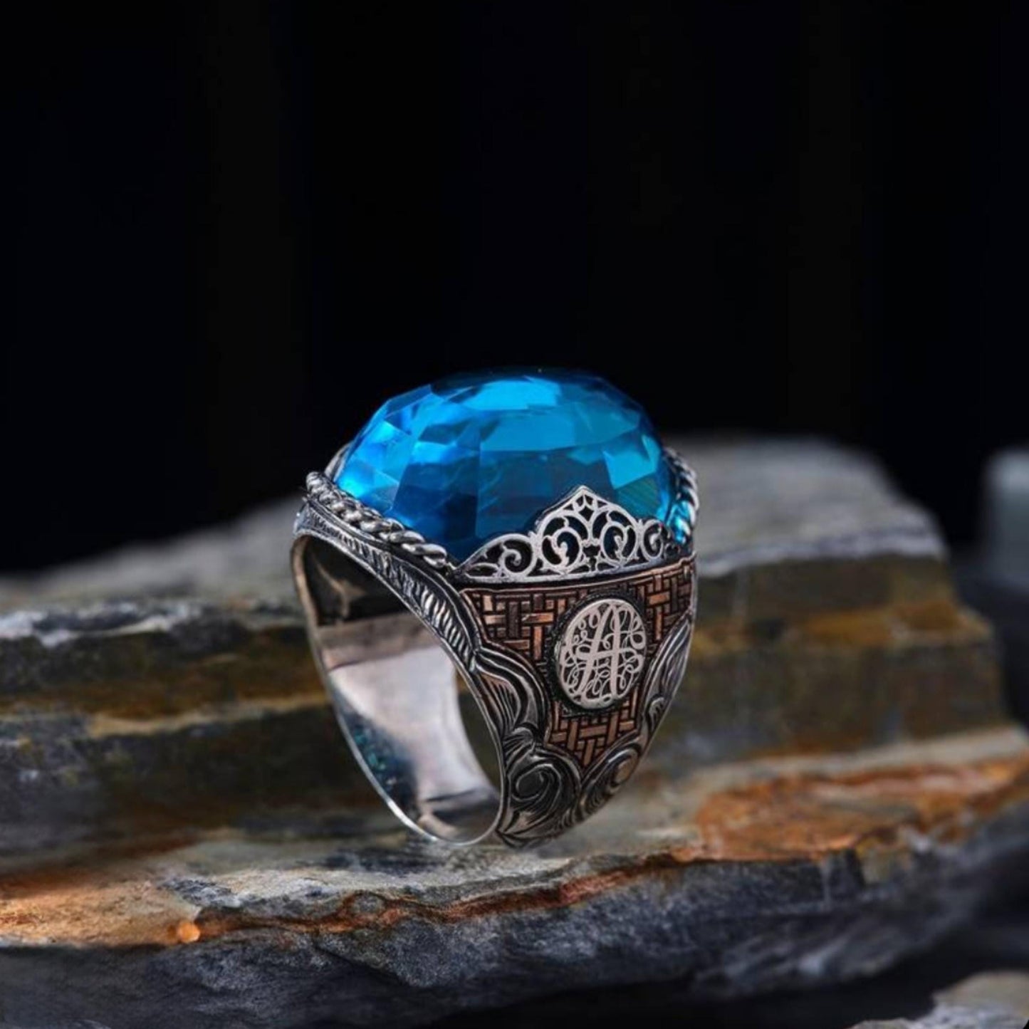 Aquamarin-Herrenring aus Sterlingsilber im osmanischen Stil – personalisierbar